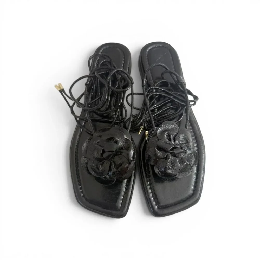 I.N.C. International Concepts Gilma Flower Lace-Up Black Patent Sandals, 10M - Picture 2 of 9